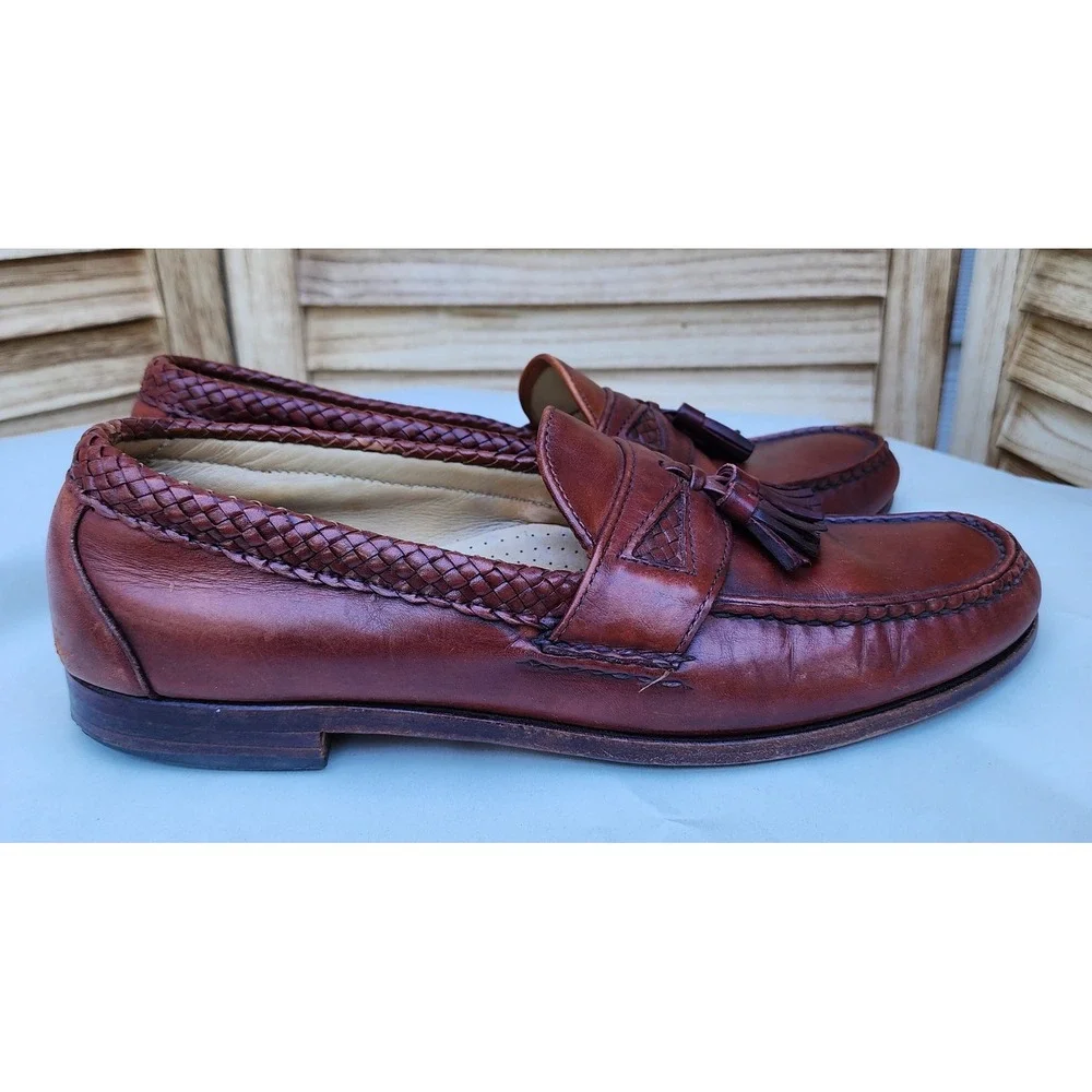 Allen Edmonds Sz 11 B Brown Leather Tassel Loafer Maxfield Woven Trim Preppy